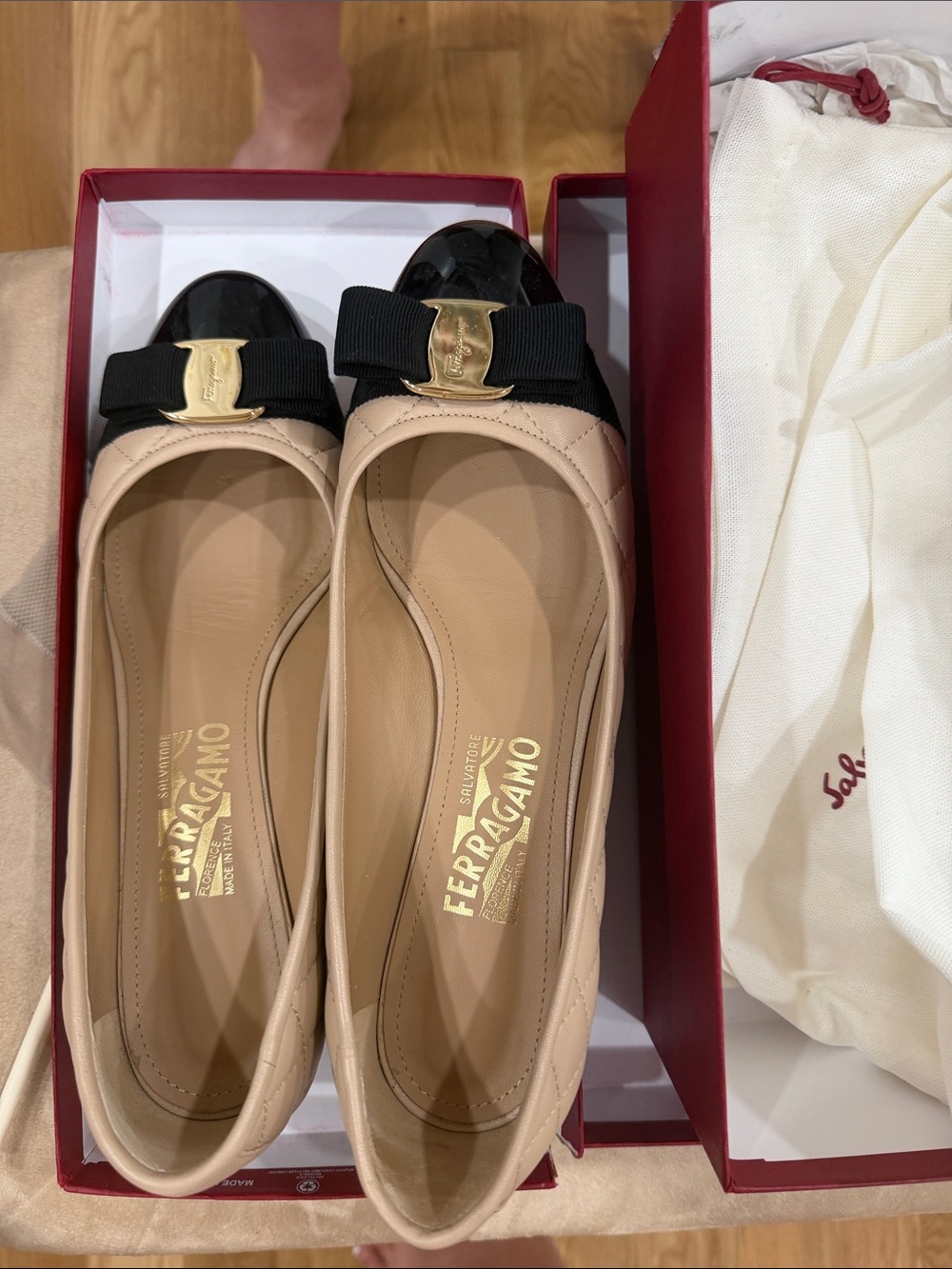 Salvatore Ferragamo Nude and Black Vara Bow Leather Flats